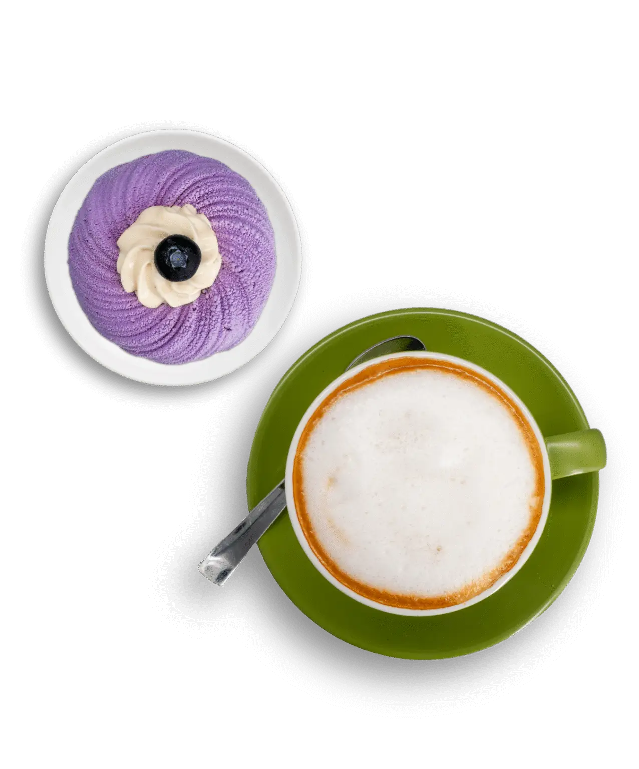 Cappuccino con dolce vegano alla crema viola e mirtillo - Pasticceria Vegana