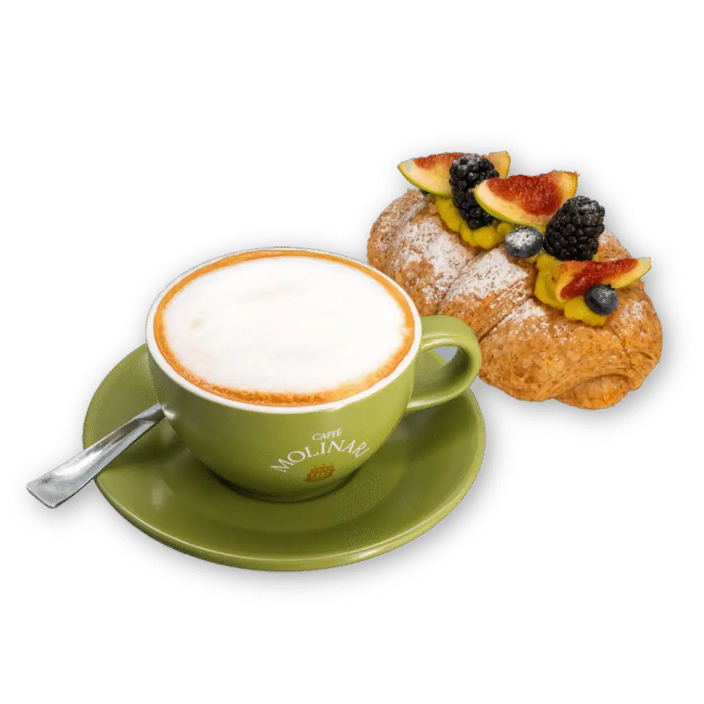 Cappuccino con cornetto vegano farcito con fichi e frutti di bosco - Pasticceria Vegana